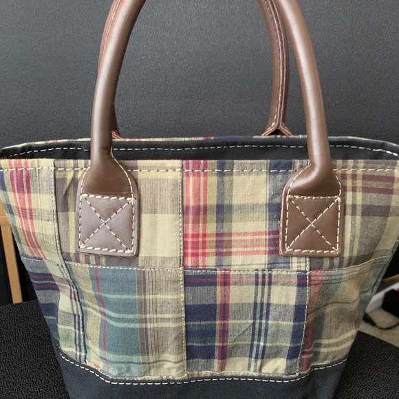 LL Bean Boat and Tote Bag Piaid with Leather Handles Mini Tote Vintage - Picture 1 of 13